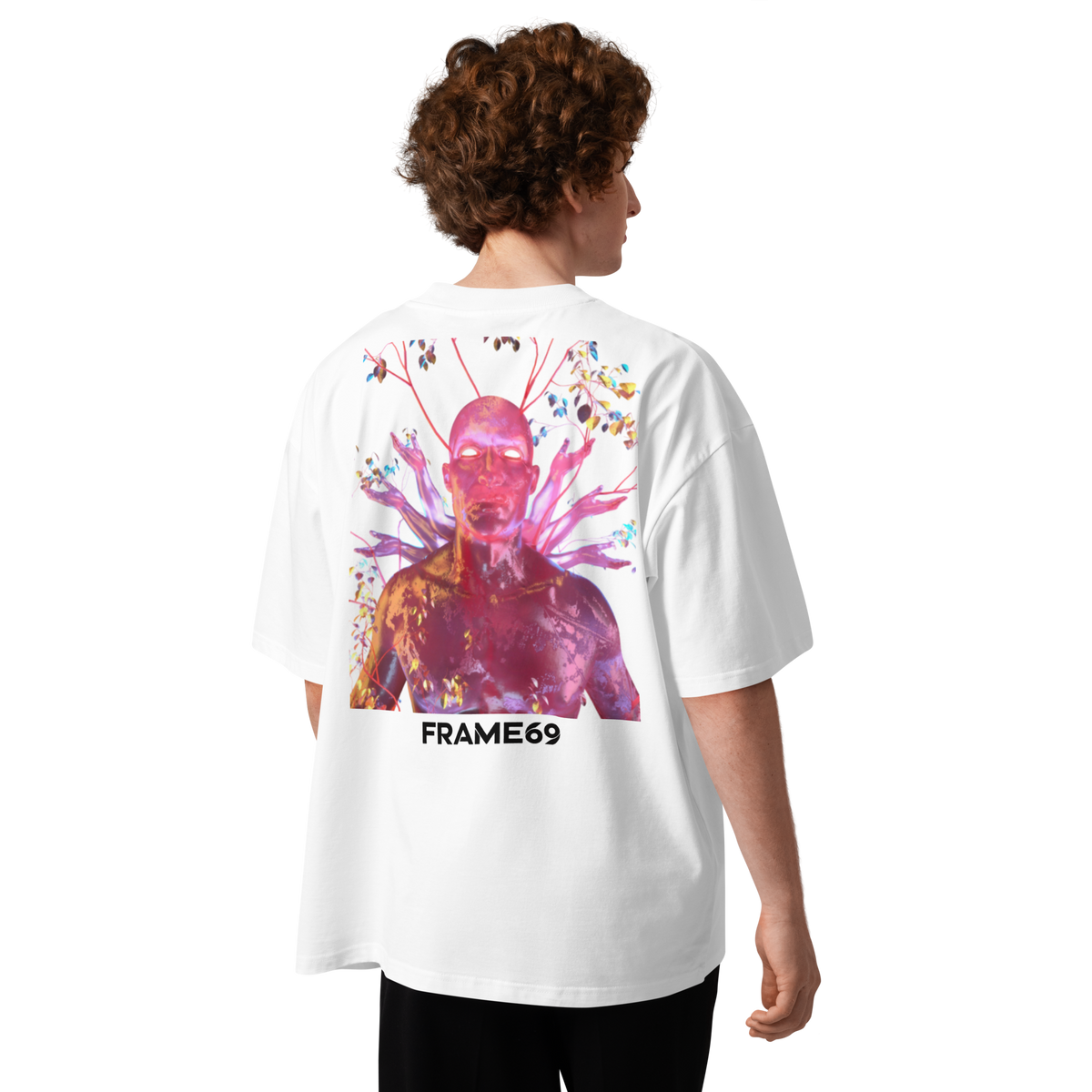 White oversized organic cotton tee with vivid pink figure artwork and FRAME69 logo on back