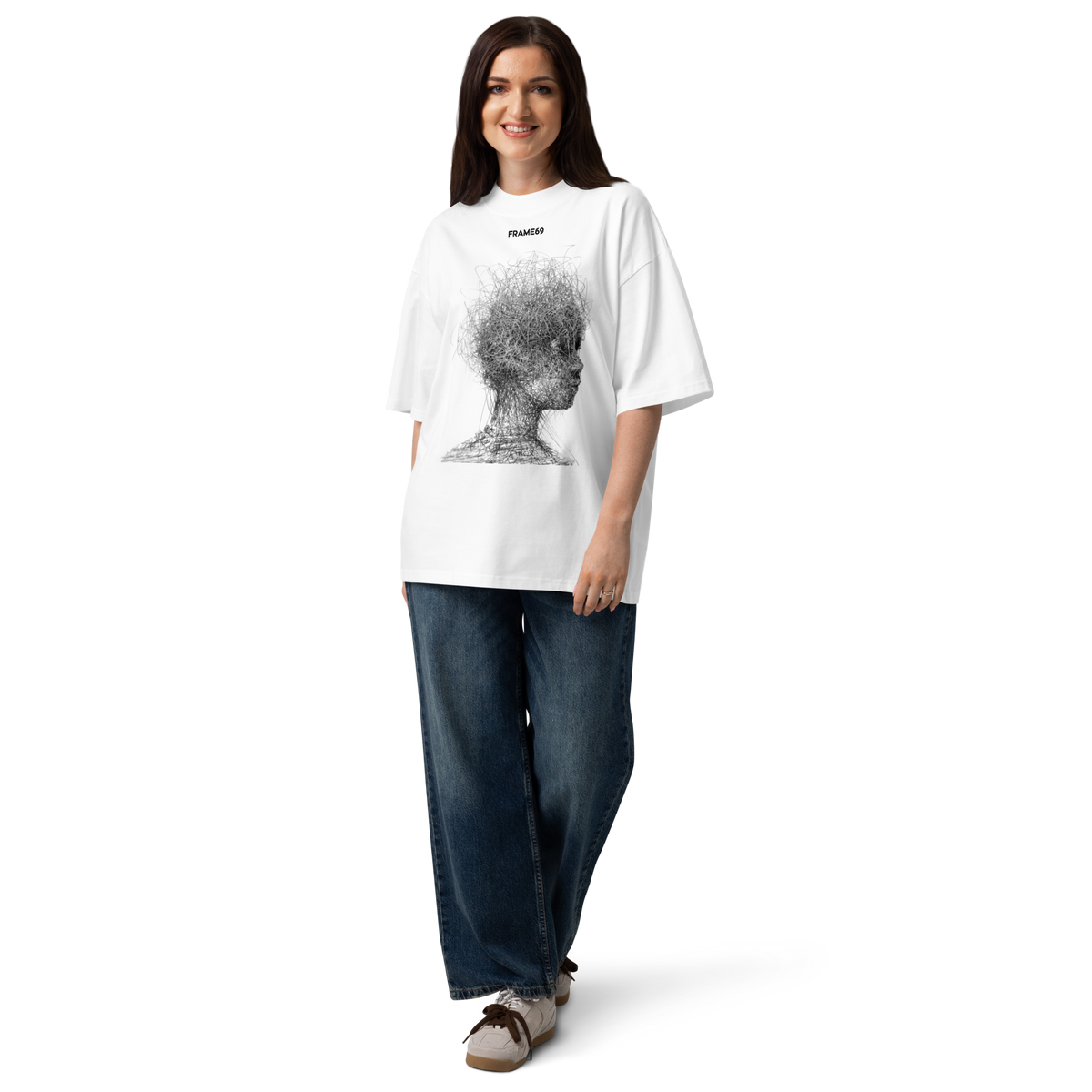 White oversized graphic T-shirt with gray portrait print, crew neck and short sleeves