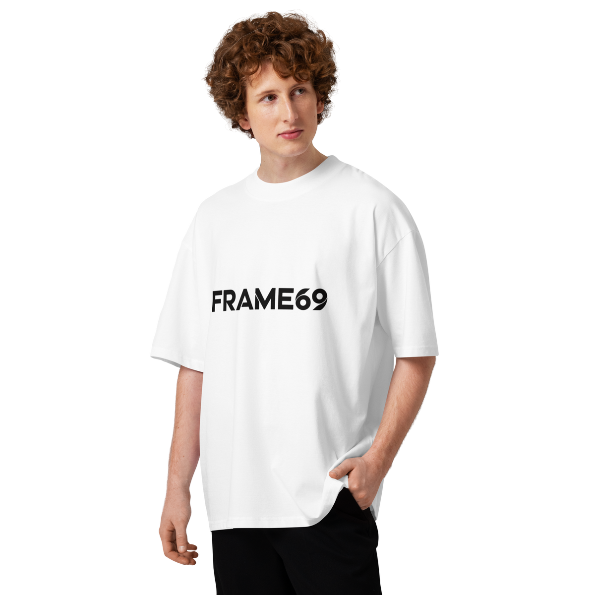 White oversized T-shirt with centered FRAME69 logo print on the front