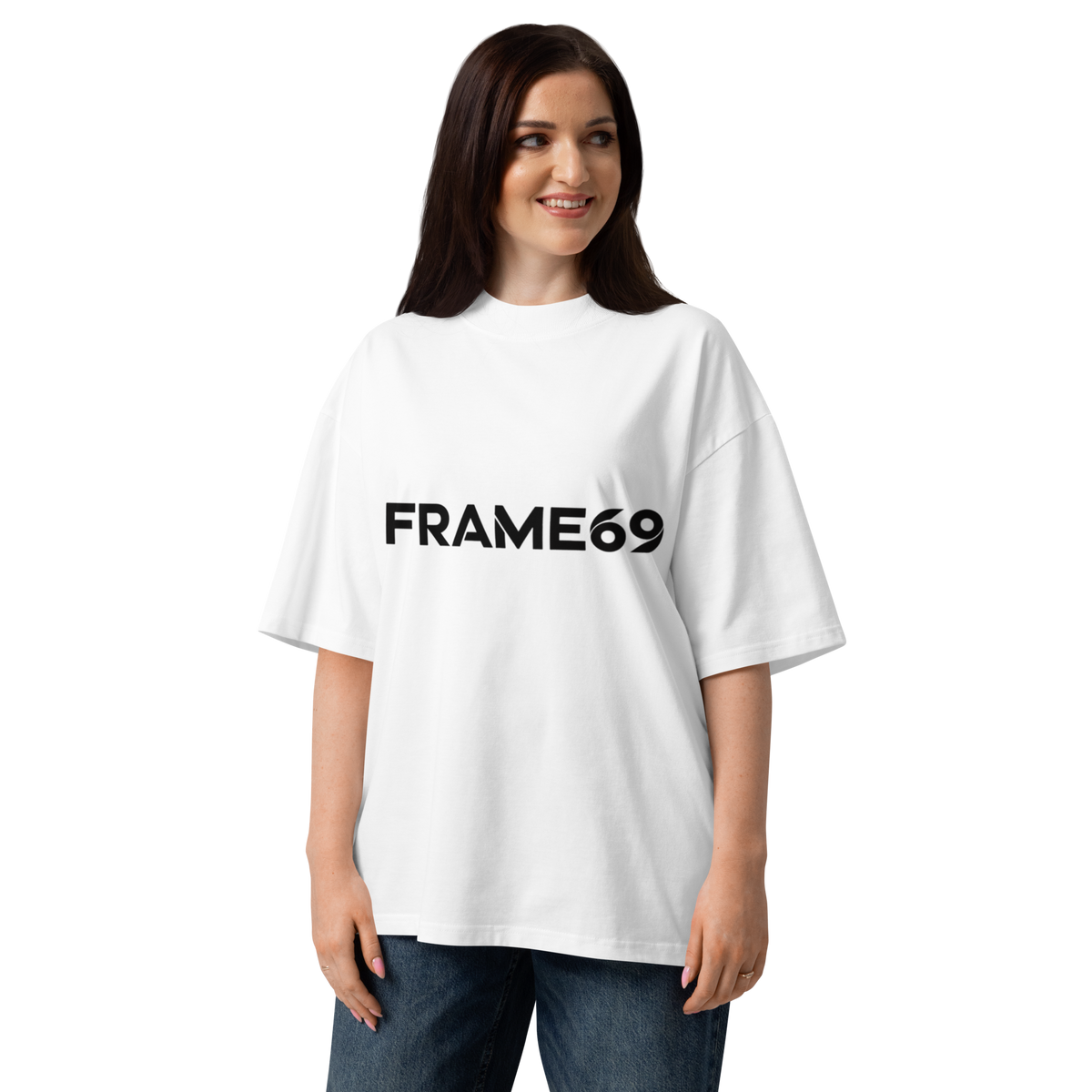White oversized tee with “FRAME69” front logo print