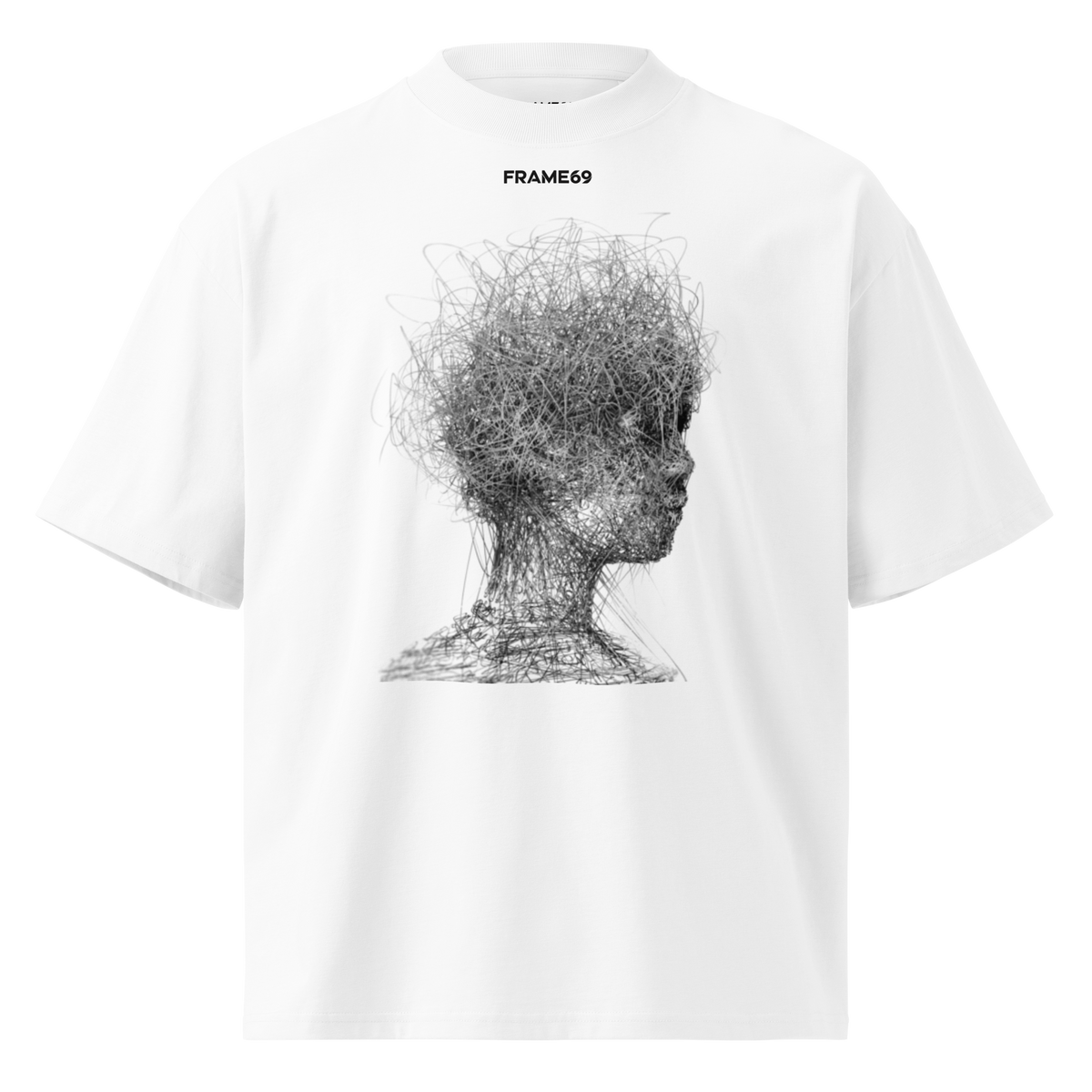 White oversized crew-neck tee with large gray portrait graphic on chest