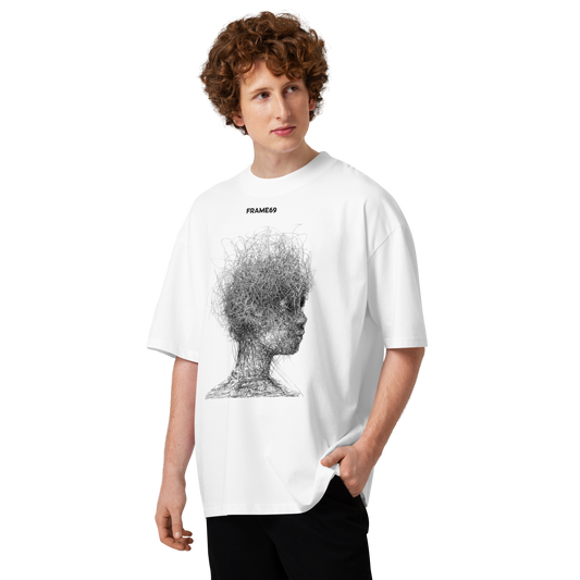 White oversized graphic tee with gray portrait print, crew neck and short sleeves