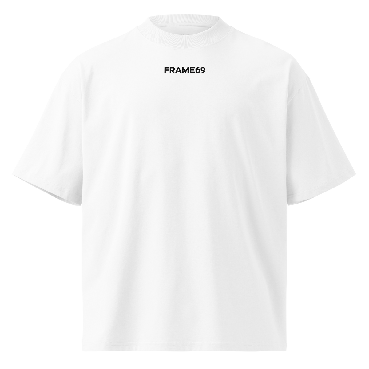 White oversized organic cotton tee with small black FRAME69 chest logo