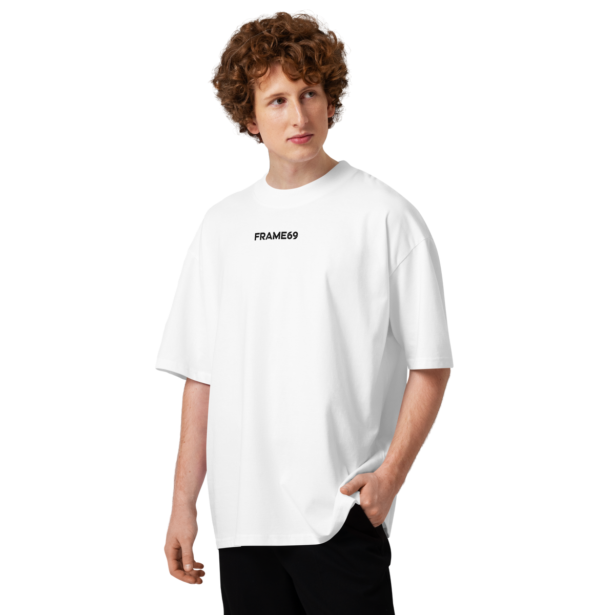 White oversized organic cotton tee with small black FRAME69 chest logo