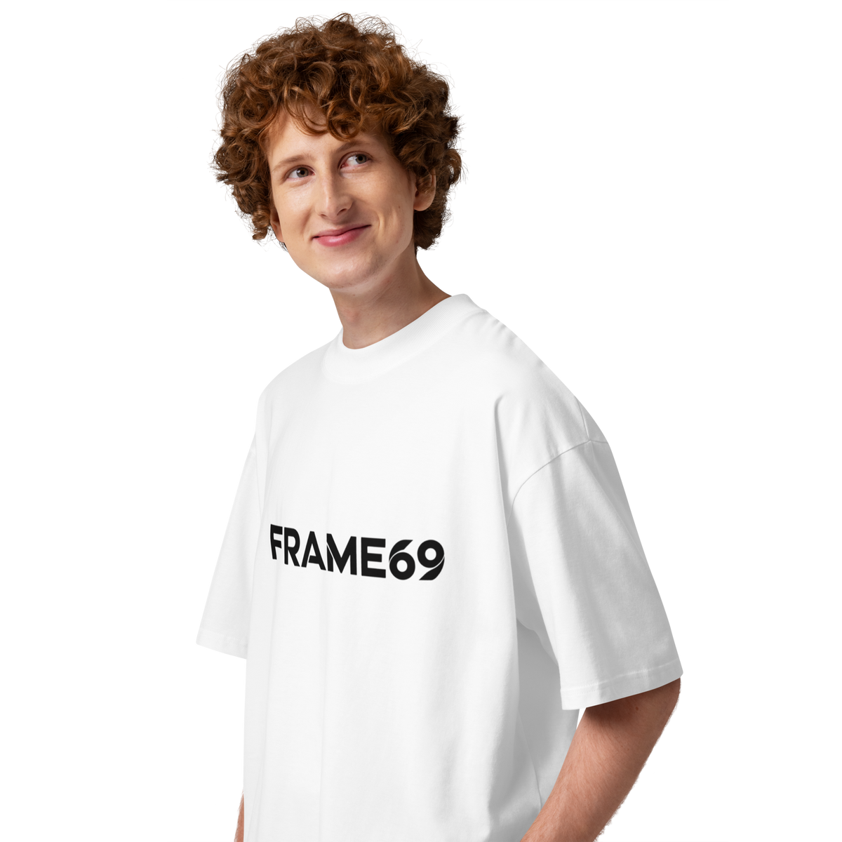 White oversized tee with “FRAME69” front logo print