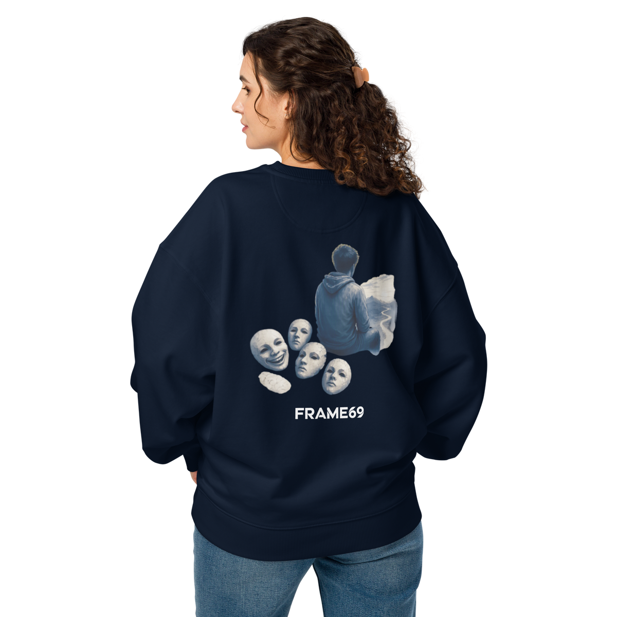 Navy graphic sweatshirt with large back artwork and FRAME69 text