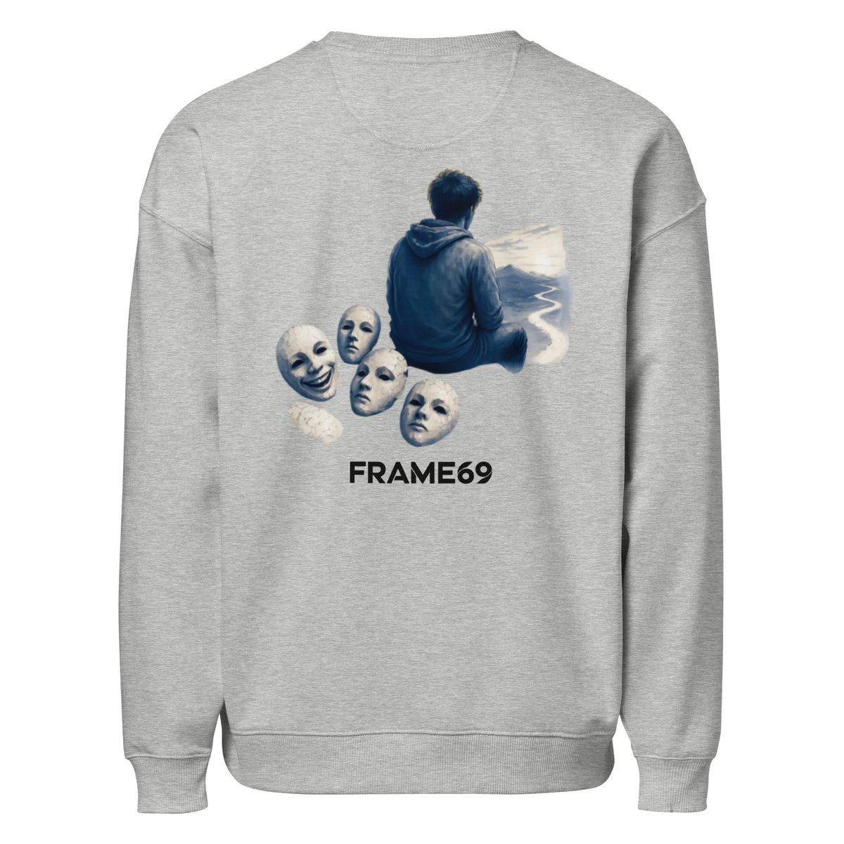Heather grey graphic sweatshirt with character artwork and FRAME69 text on back