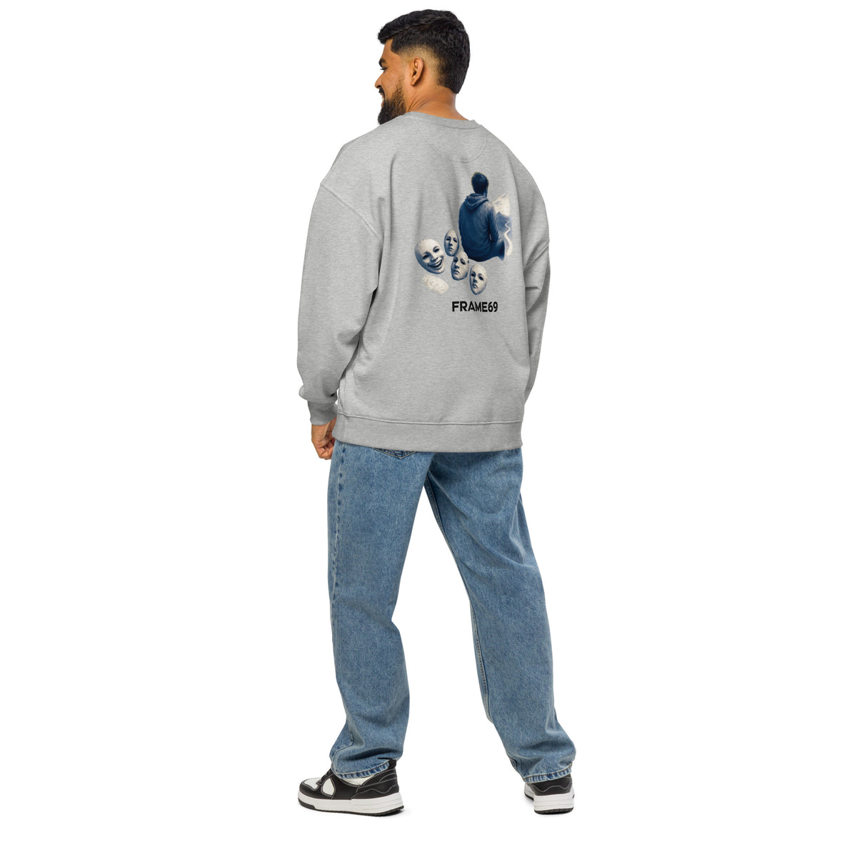 Heather grey graphic sweatshirt with character artwork and FRAME69 text on back view