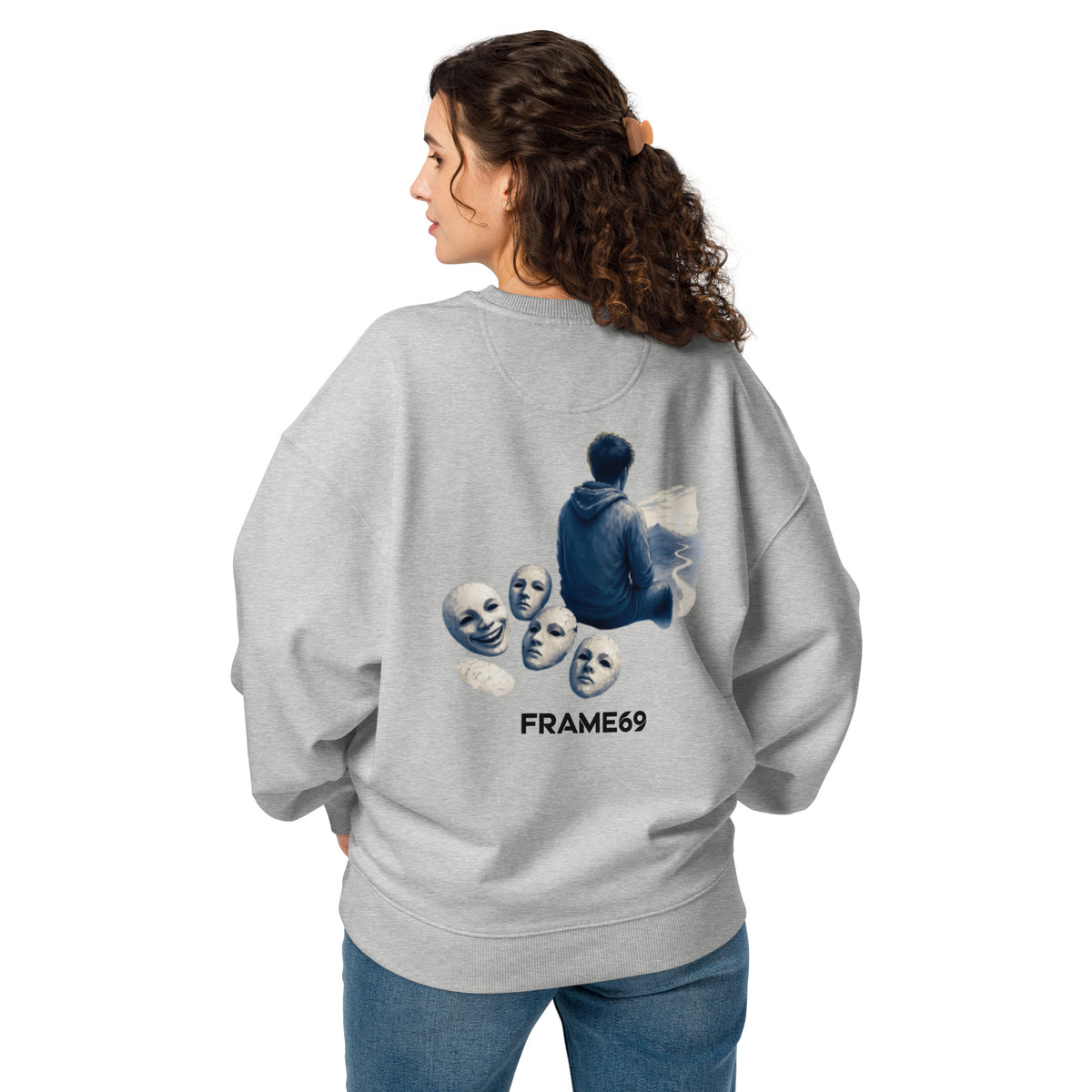 Heather grey graphic sweatshirt with character artwork and FRAME69 text on back