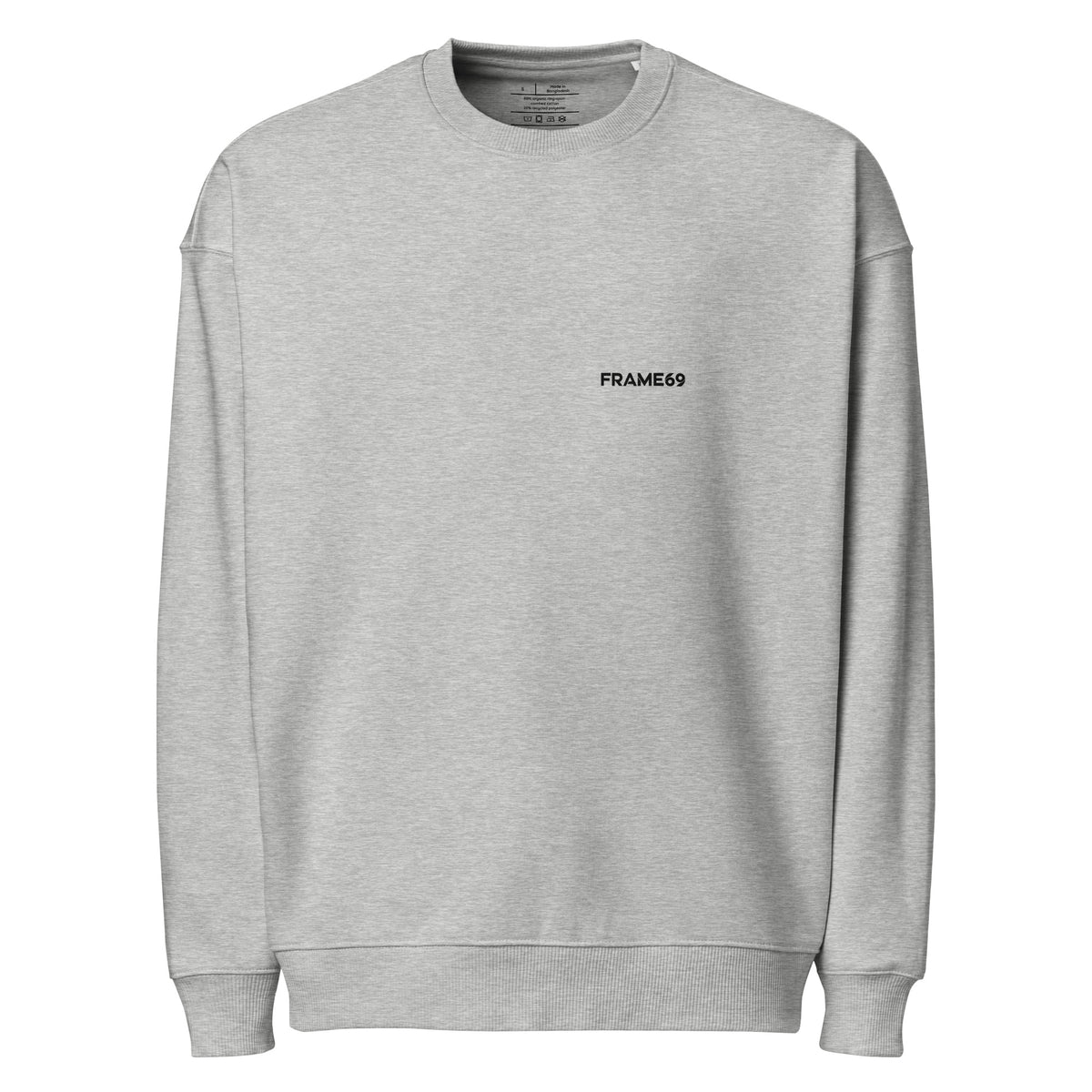 Heather grey graphic sweatshirt with small FRAME69 logo on chest, crewneck