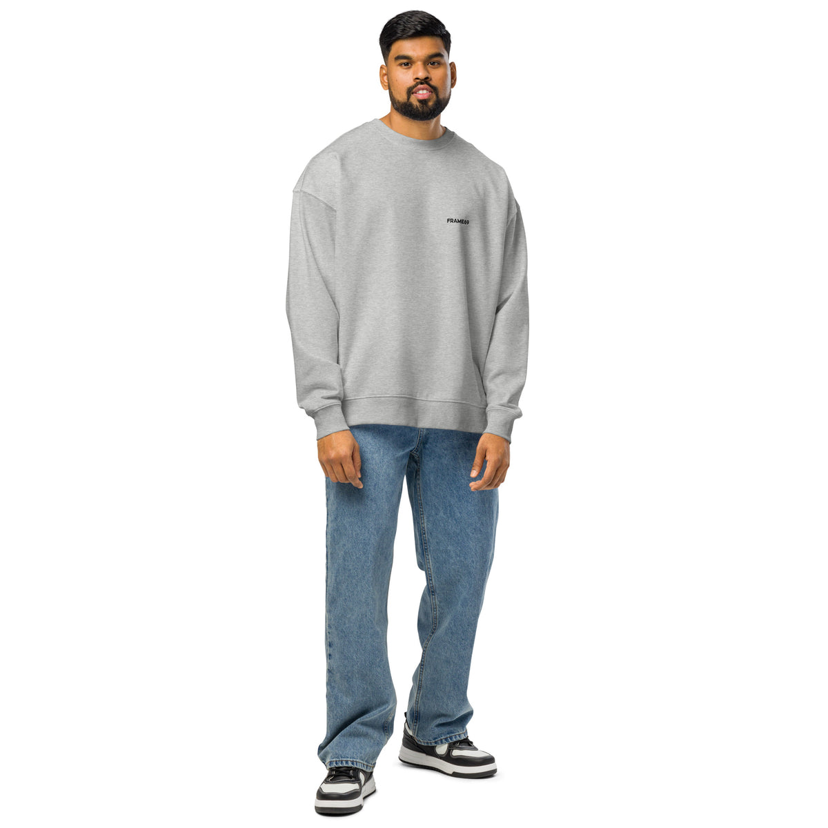 Heather grey graphic sweatshirt with small FRAME69 logo on front, crewneck