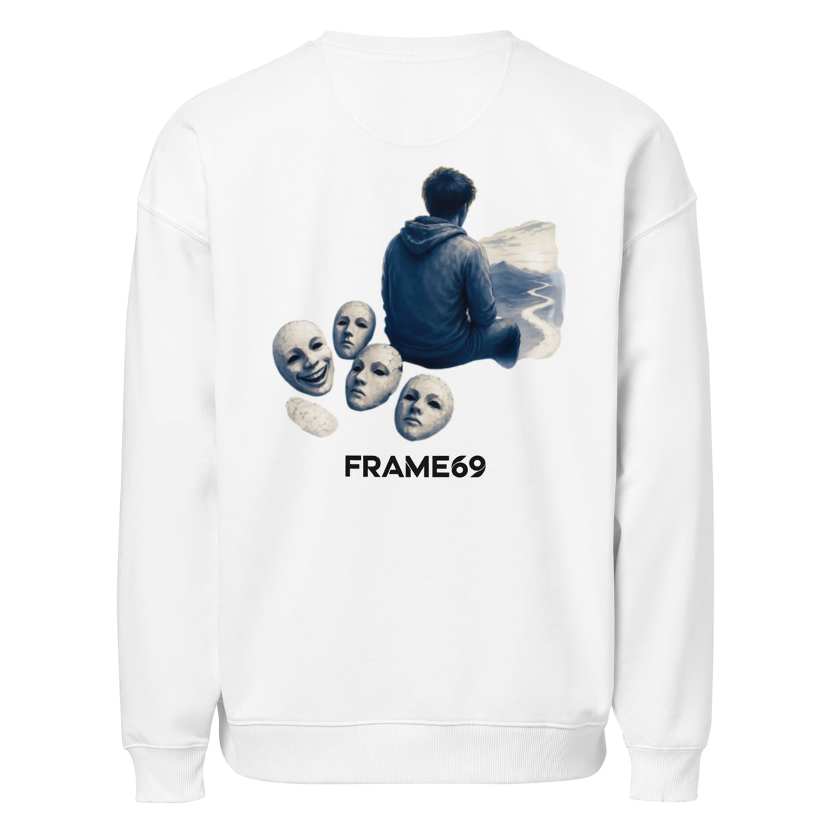 White graphic sweatshirt with character artwork and FRAME69 text on back