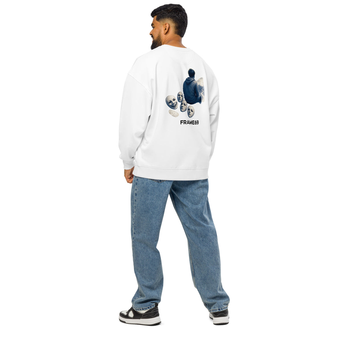 White graphic sweatshirt with character artwork and FRAME69 text on back view