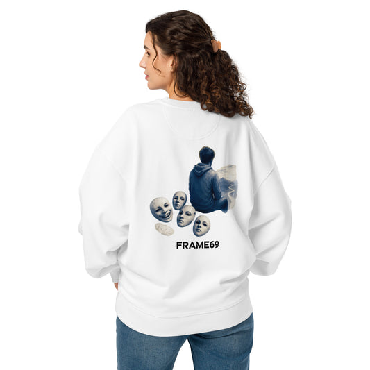 White graphic sweatshirt with character artwork and FRAME69 text on back