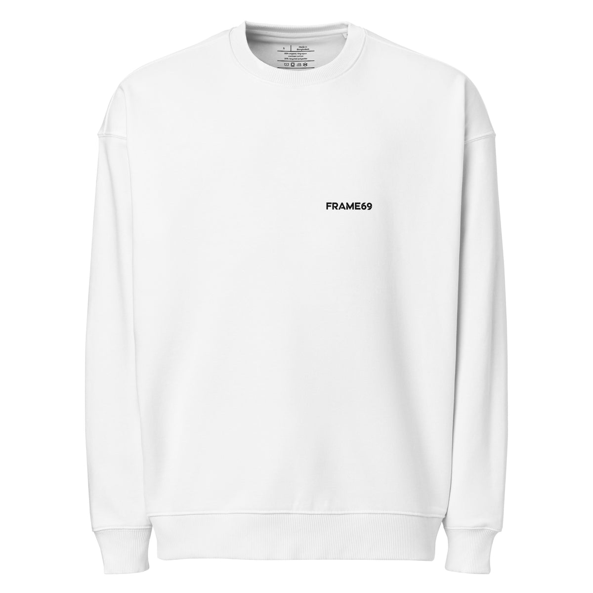 White graphic sweatshirt with small FRAME69 logo on chest, crewneck
