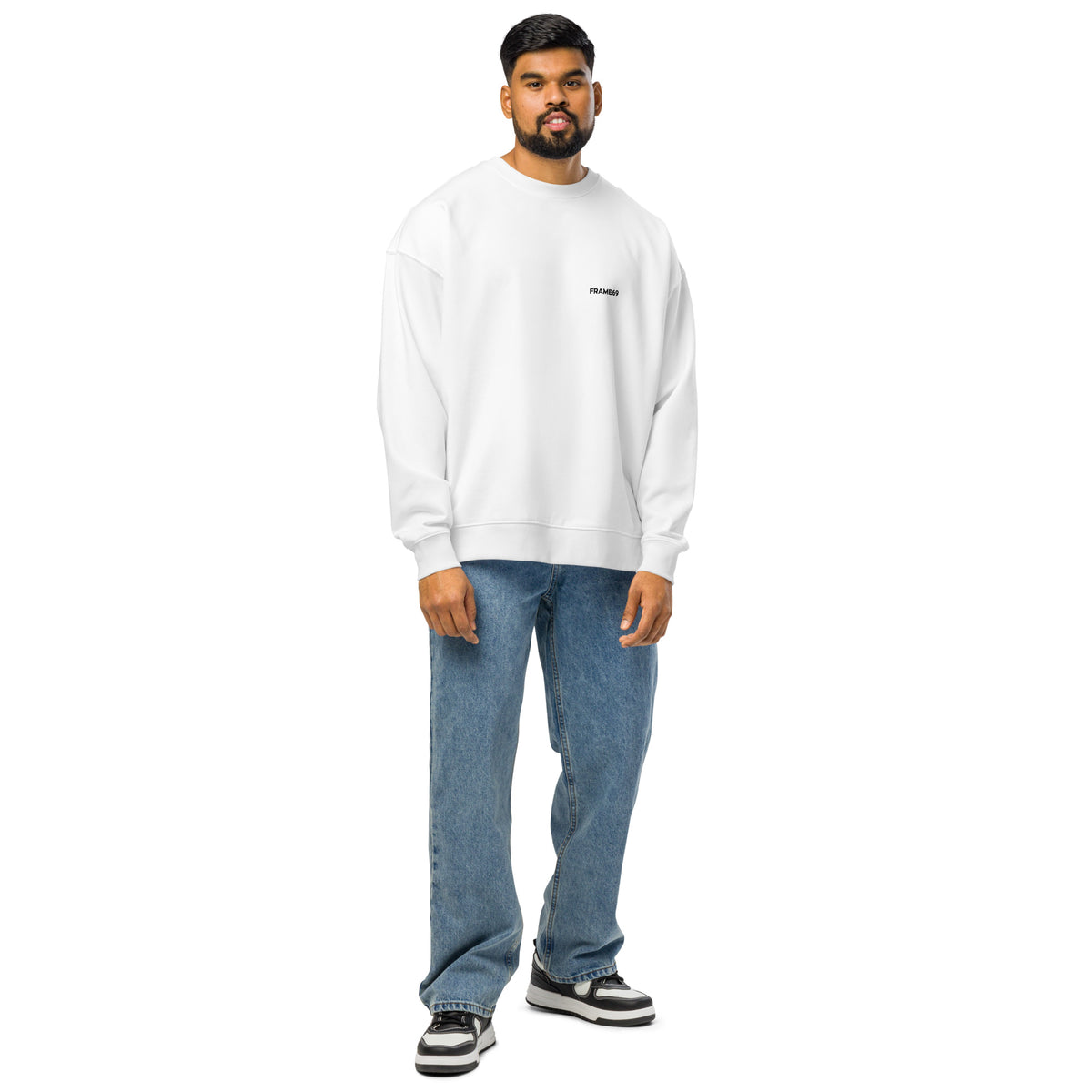 White graphic sweatshirt with small FRAME69 logo on front, crewneck