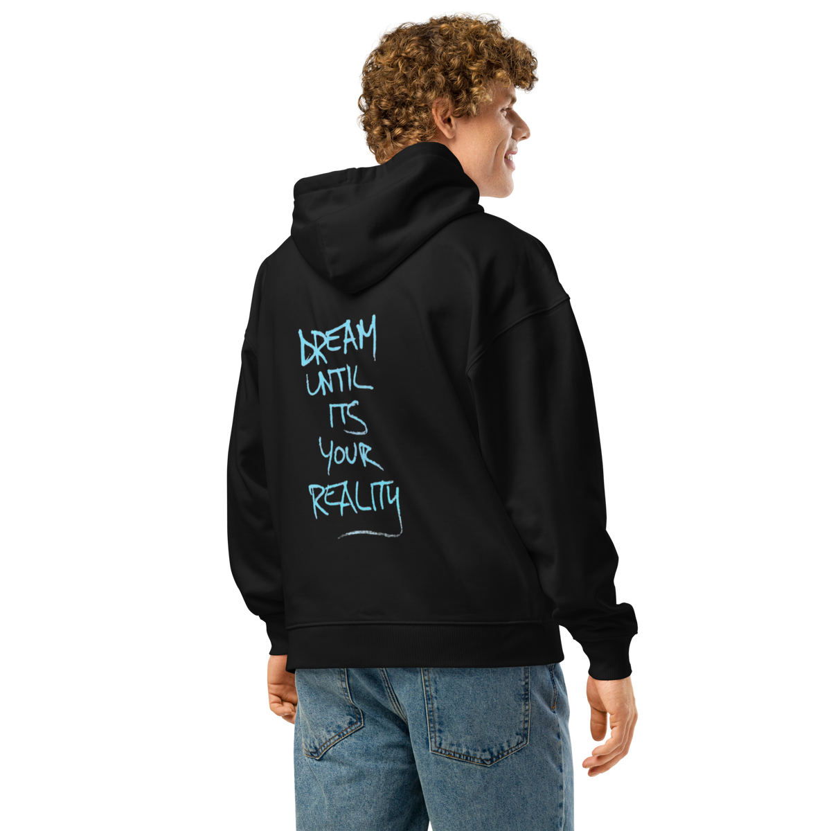 Black pullover hoodie, back view with hand-drawn text under the hood