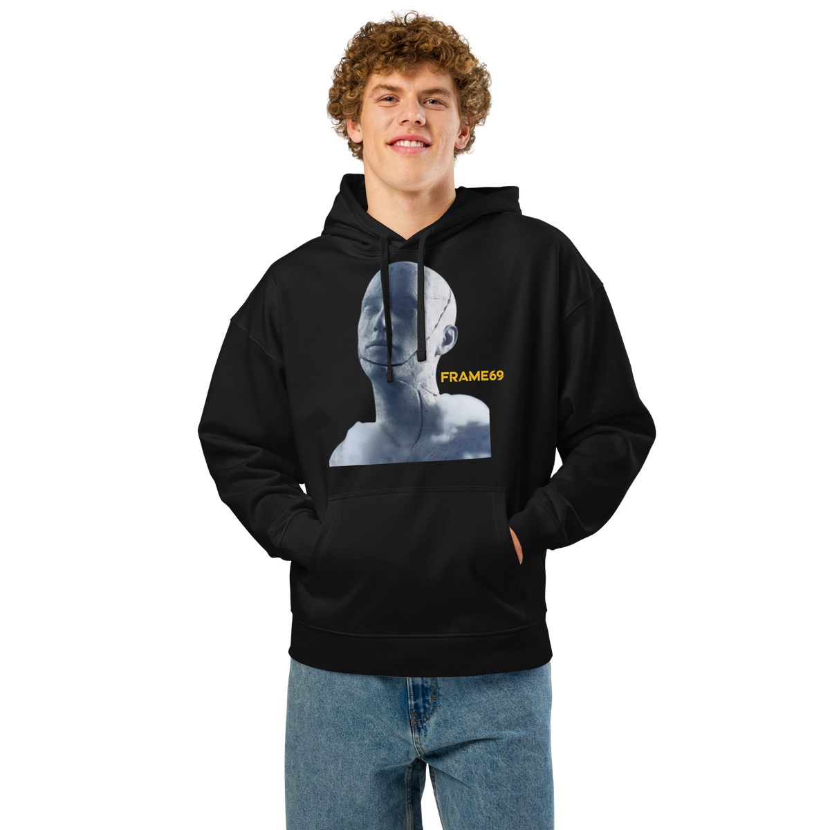 Black pullover hoodie with hood, kangaroo pocket, and front portrait graphic