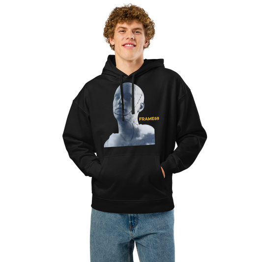 Black pullover hoodie with hood, kangaroo pocket, and front portrait graphic