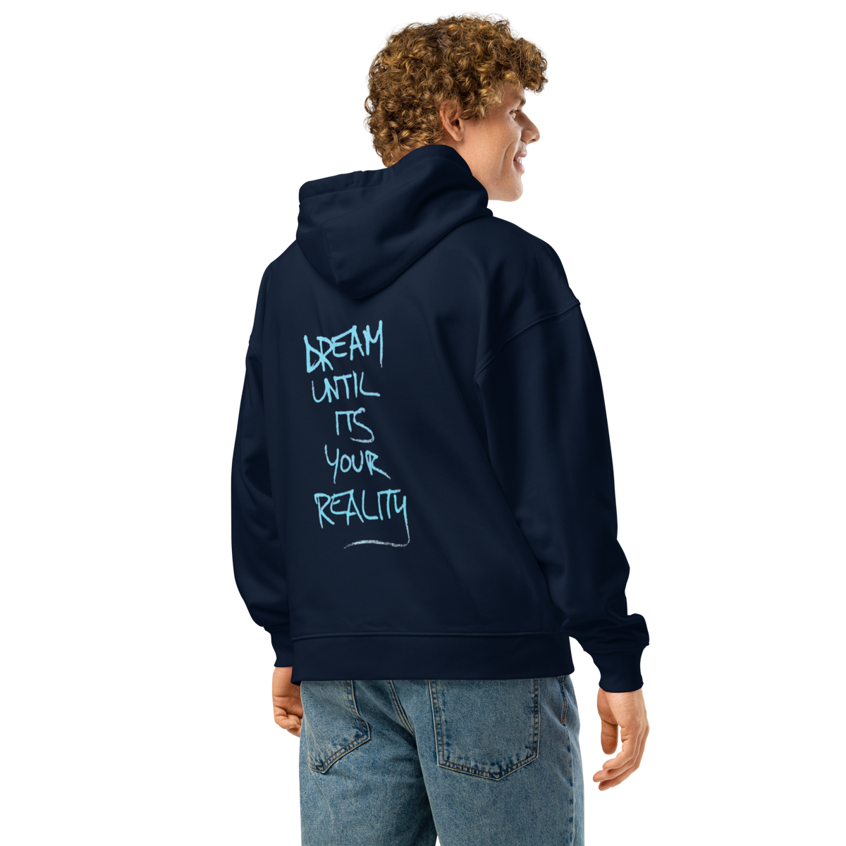 French navy pullover hoodie, back view with hand-drawn text under the hood