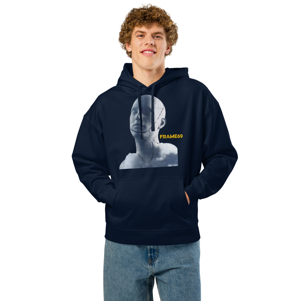 French navy pullover hoodie with hood, kangaroo pocket, and front portrait graphic