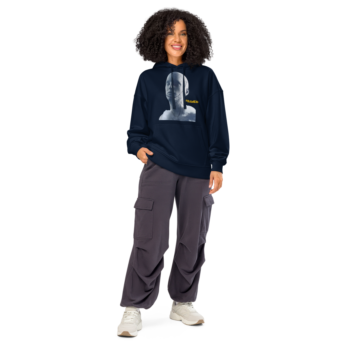 French navy pullover hoodie with hood and front portrait graphic, relaxed fit