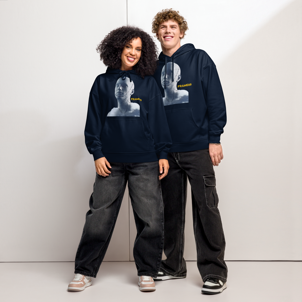 French navy pullover hoodie with hood and front portrait graphic, front view on model