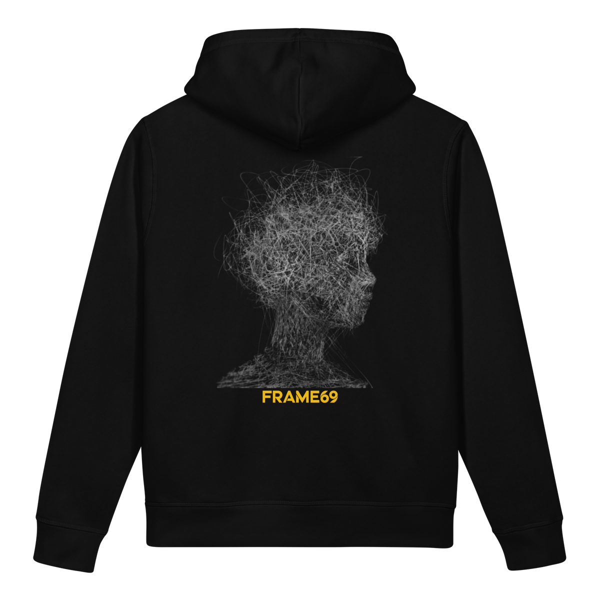 Black figure graphic hoodie with gray head sketch back print and FRAME69