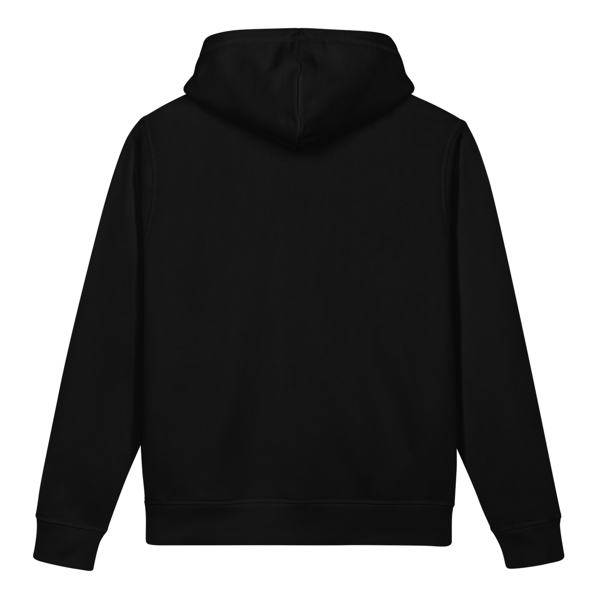 Black side pocket hoodie, back view with drawstring hood