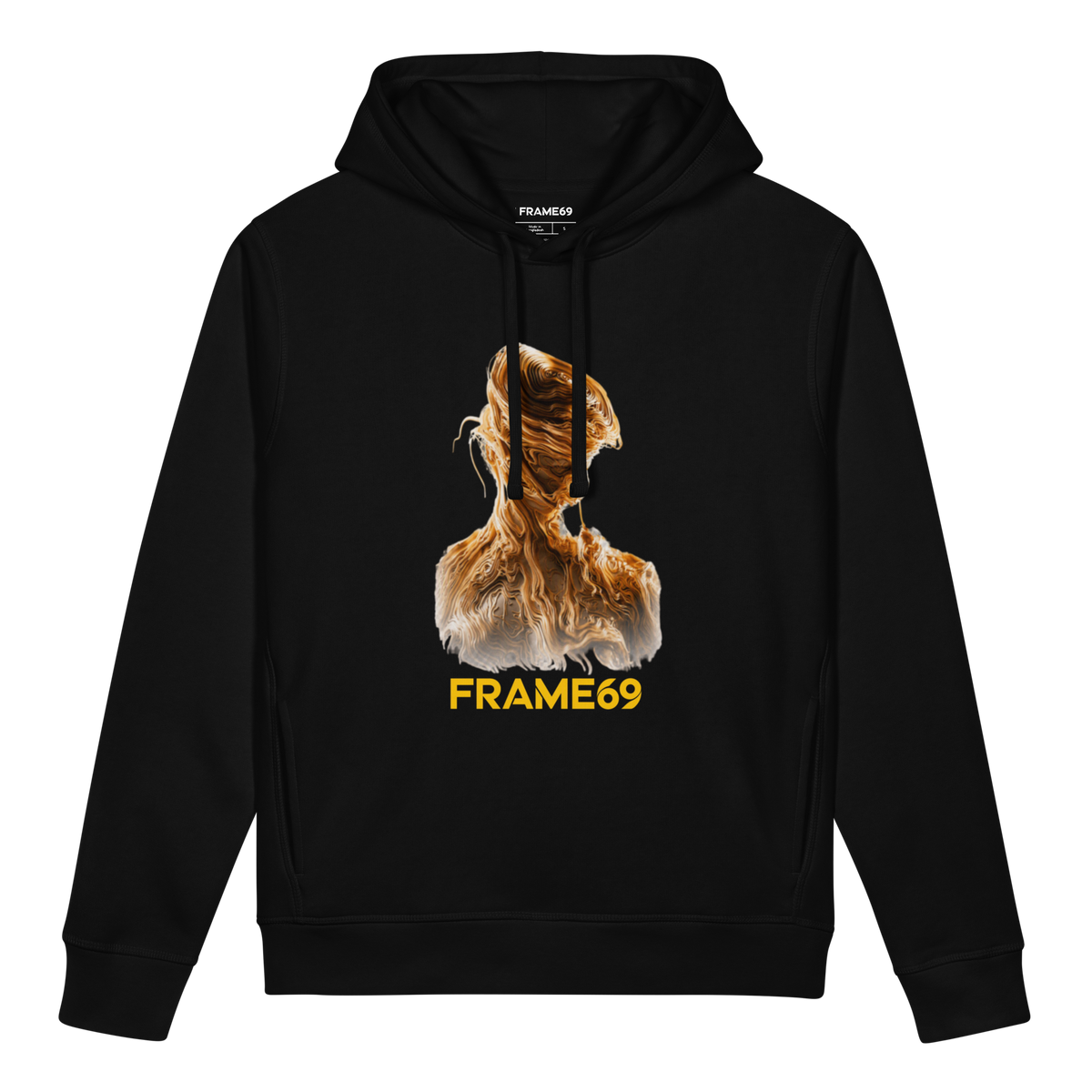 Black figure graphic hoodie with FRAME69 front print