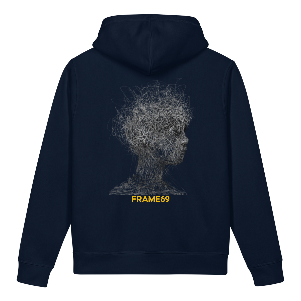 French navy figure graphic hoodie with gray head sketch back print and FRAME69
