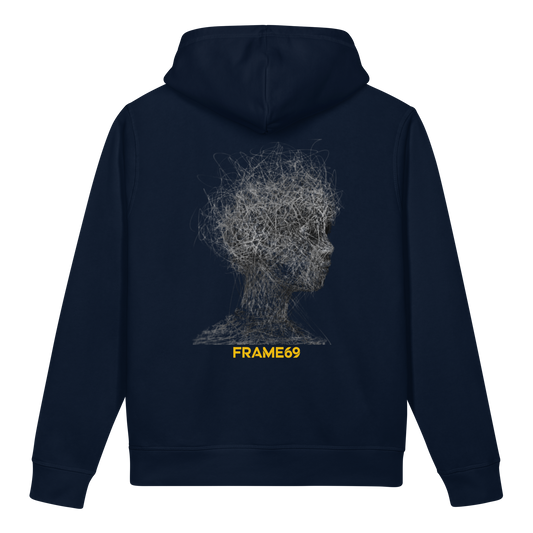 French navy figure graphic hoodie with gray head sketch back print and FRAME69