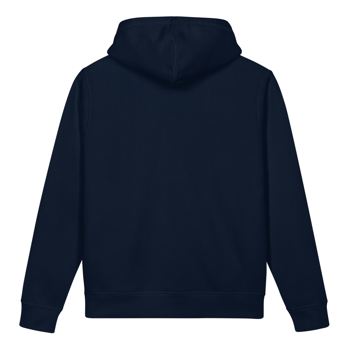 French navy side pocket hoodie, back view with drawstring hood