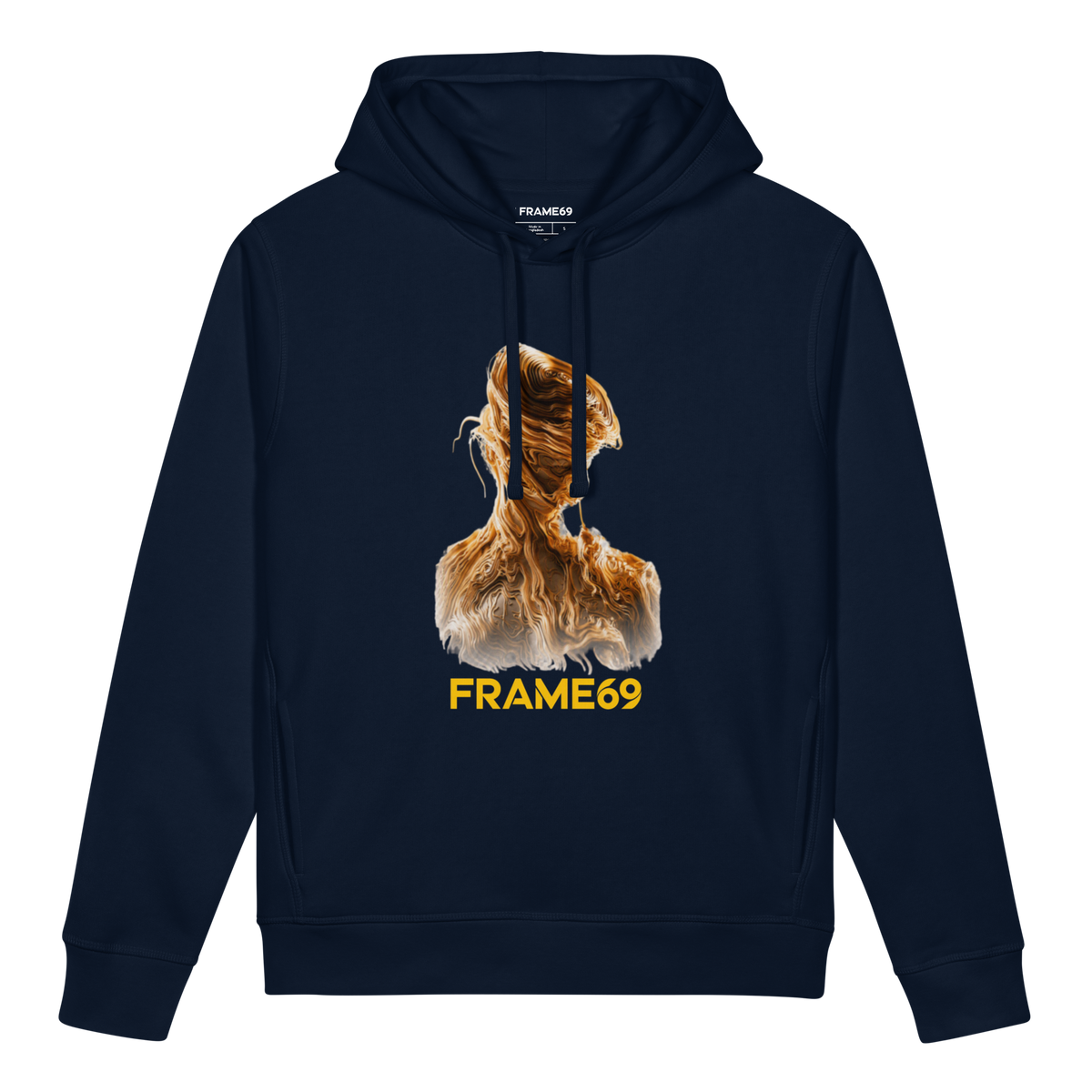 French navy figure graphic hoodie with FRAME69 front print