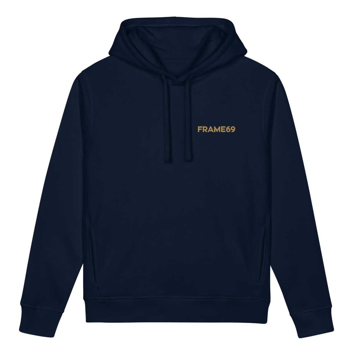 French navy side pocket hoodie, front logo print and drawstring hood