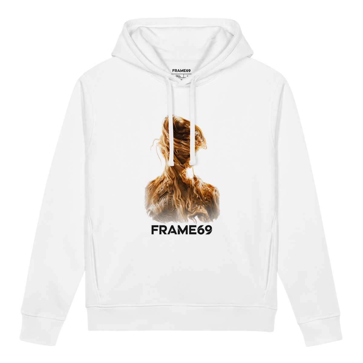 White figure graphic hoodie with FRAME69 front print
