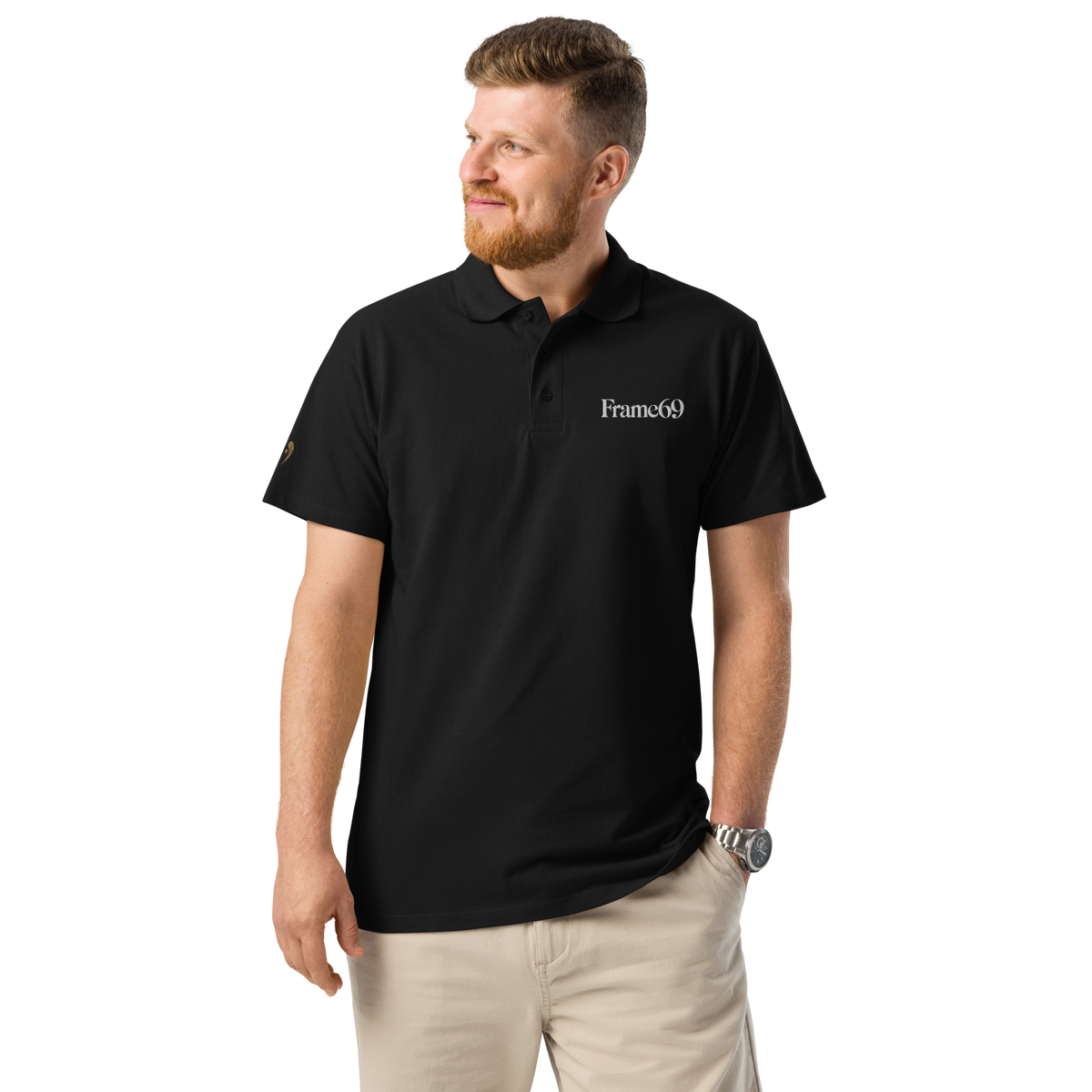 Black pique polo shirt with button placket and short sleeves