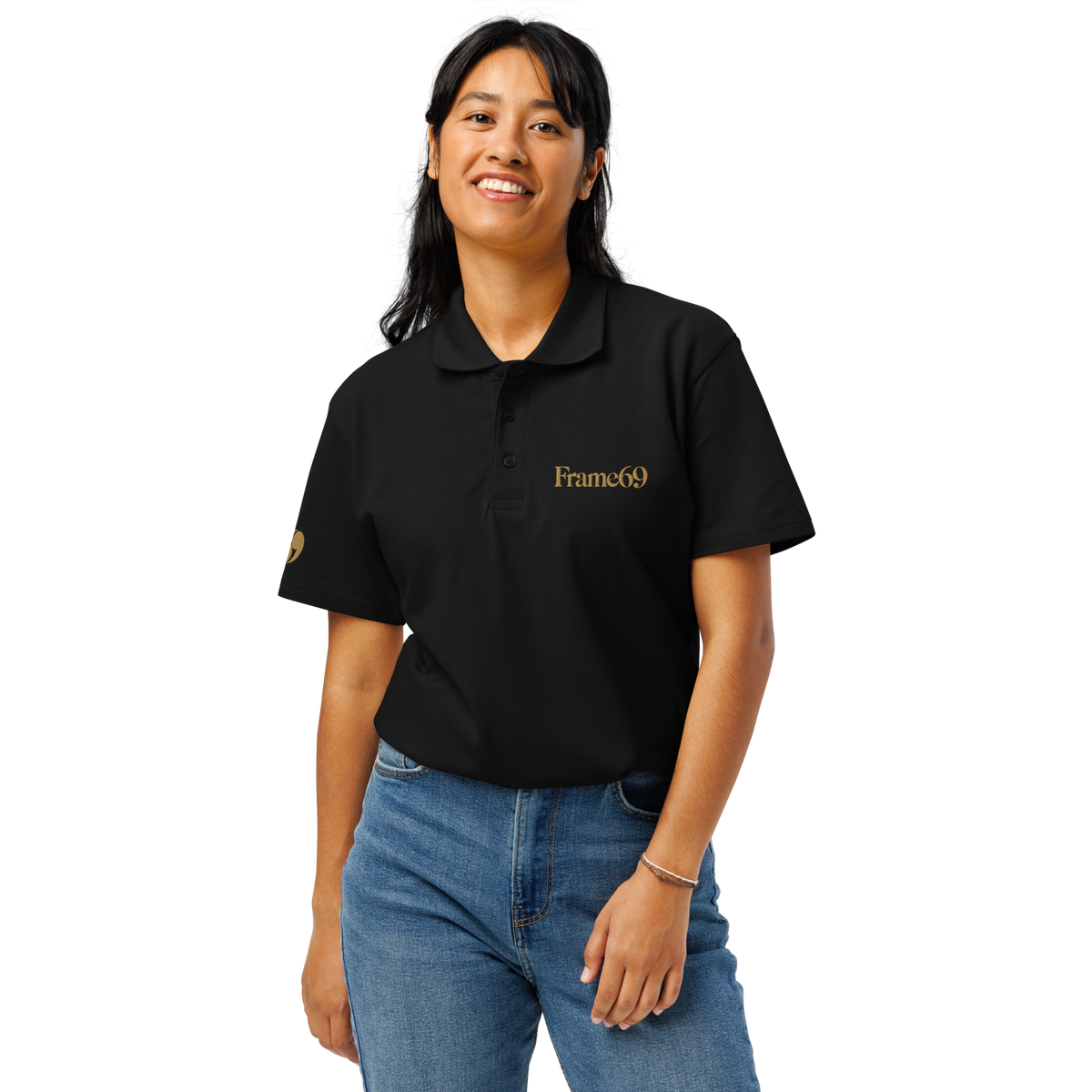 Black pique polo shirt with short sleeves and buttoned collar