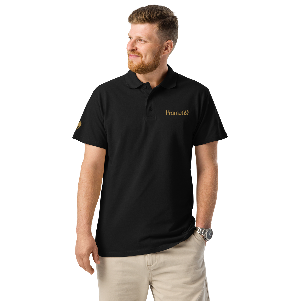 Black refined pique polo shirt with short sleeves, collar, button placket, Frame69 logo
