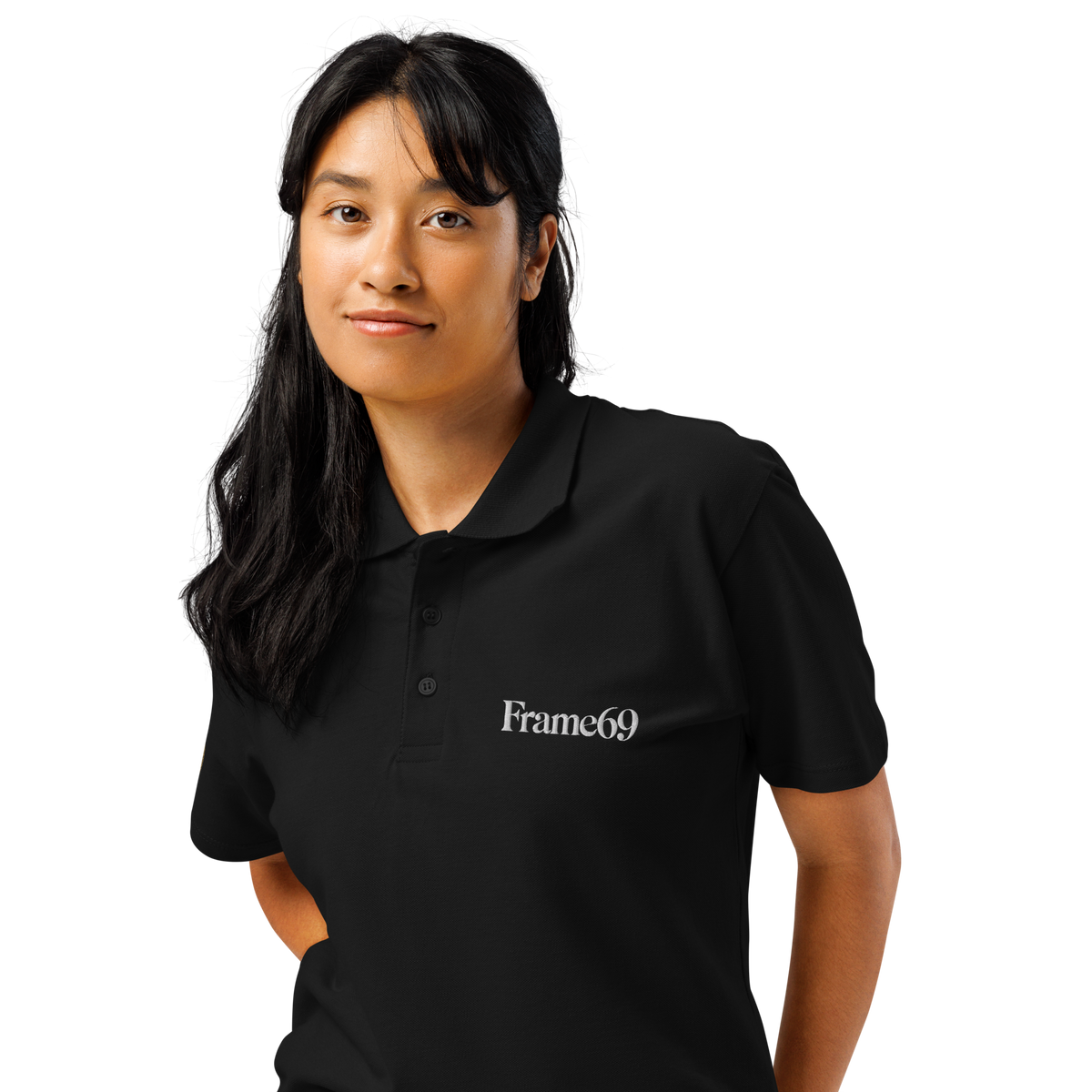 Black pique polo shirt with buttoned collar and short sleeves, Frame69 chest logo.