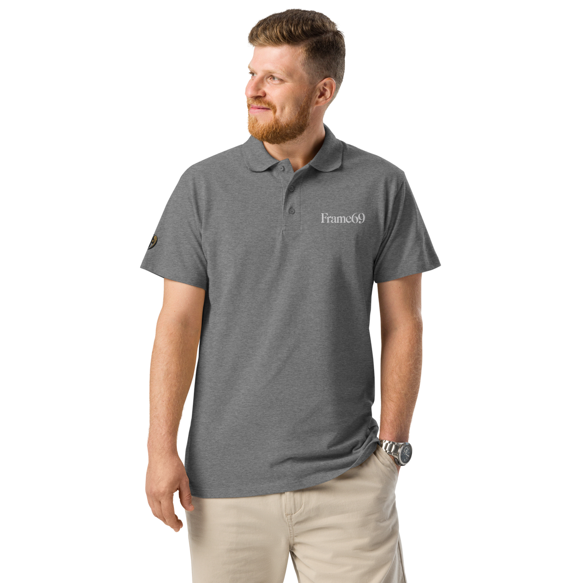 Medium gray pique polo shirt with button placket and short sleeves