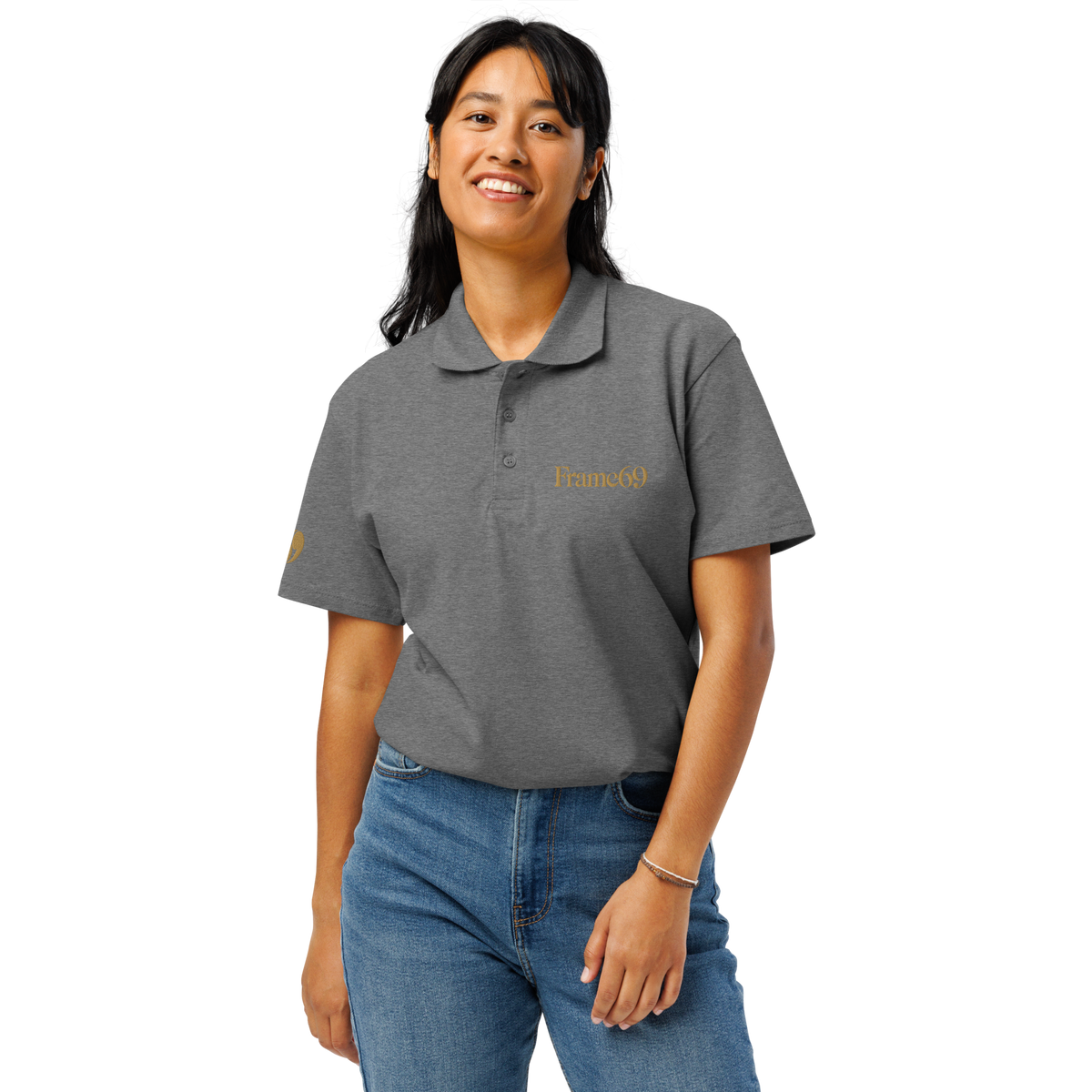 Heather gray pique polo shirt with short sleeves and buttoned collar