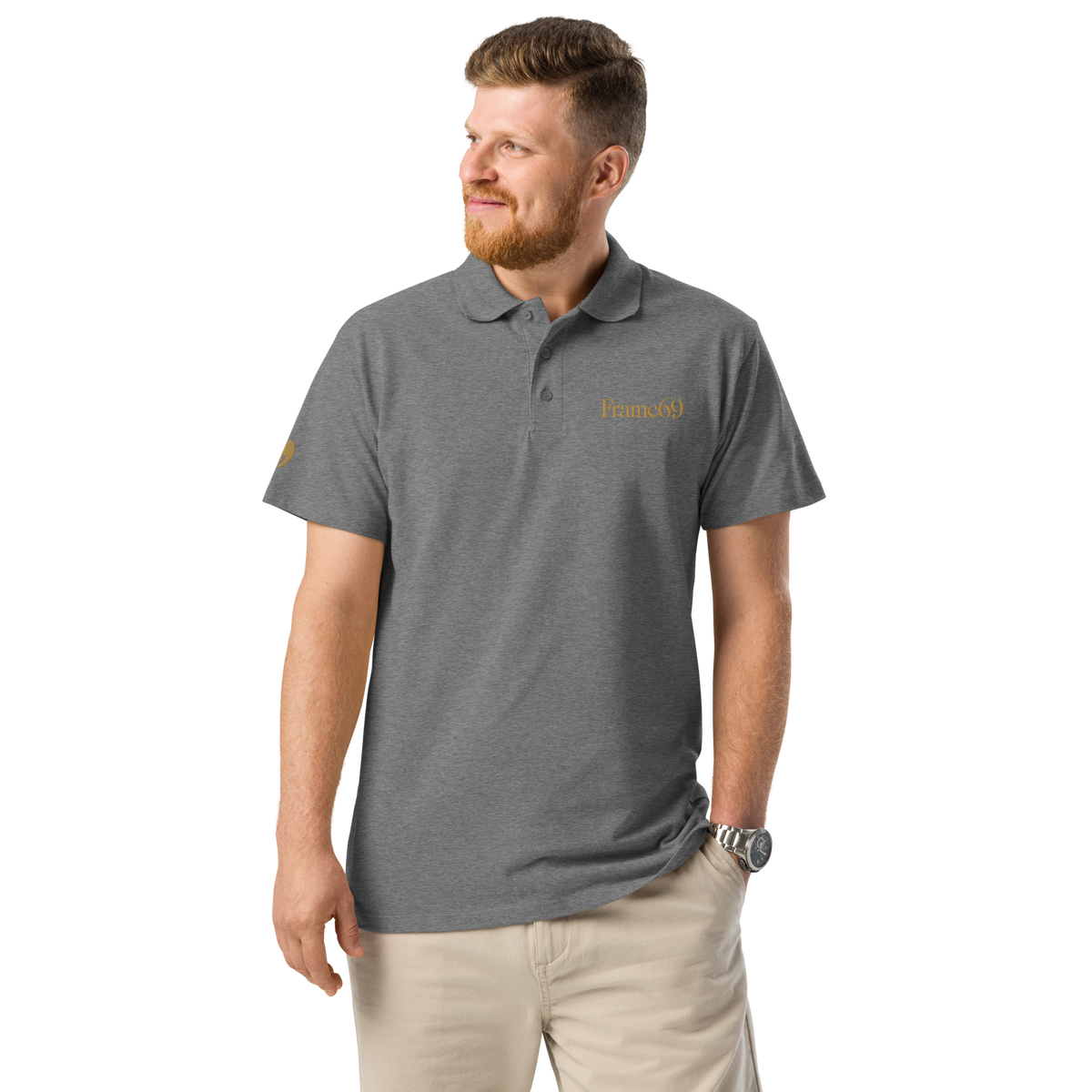 Sand refined pique polo shirt with collar, short sleeves, button placket, Frame69 logo