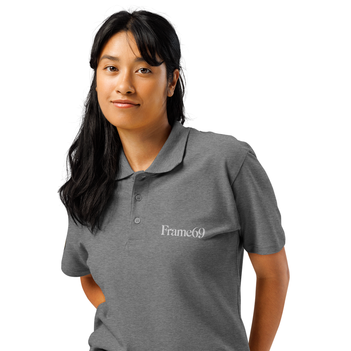 Grey melange pique polo shirt with buttoned collar and short sleeves, Frame69 chest logo.