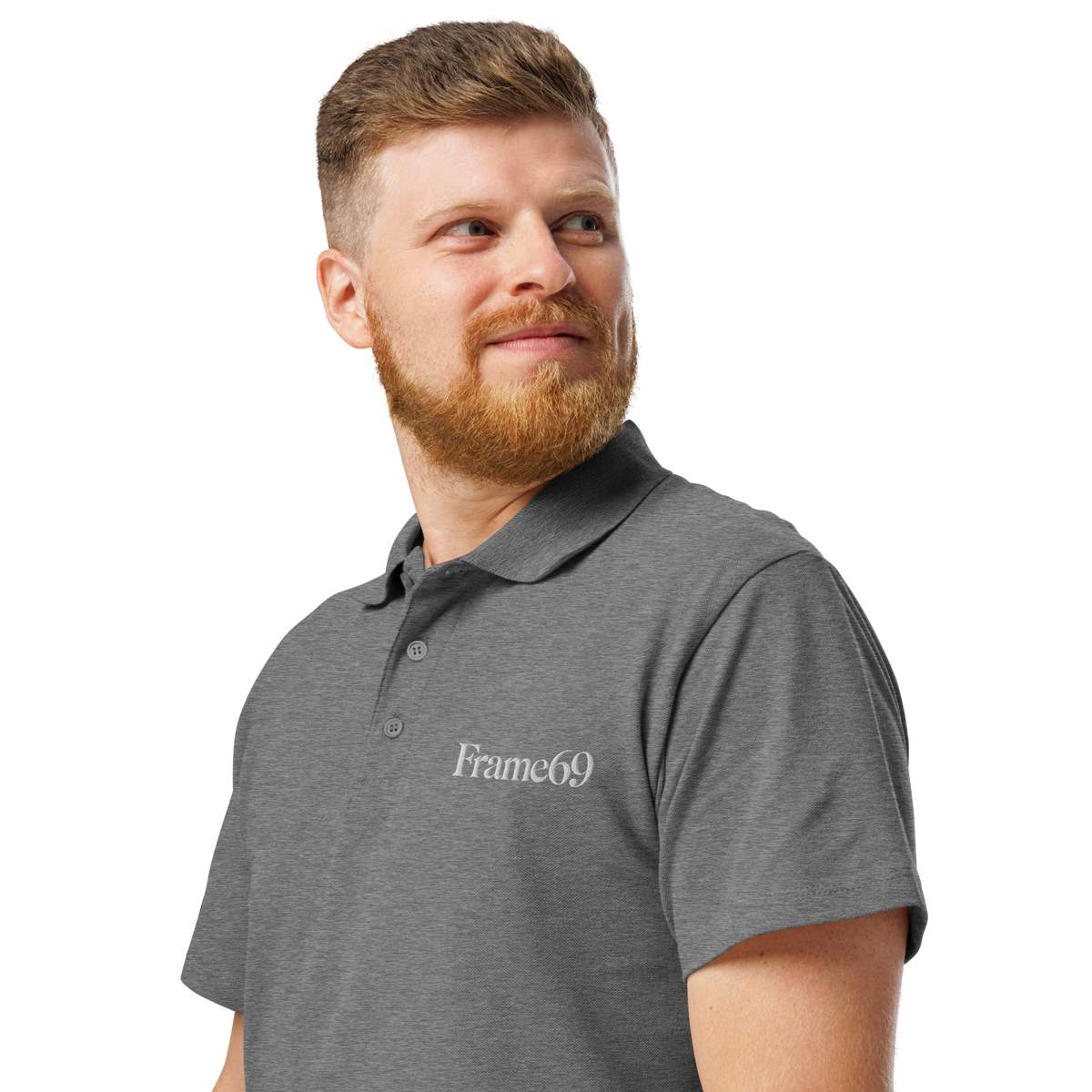Grey pique polo shirt with buttoned collar and short sleeves, Frame69 chest logo.