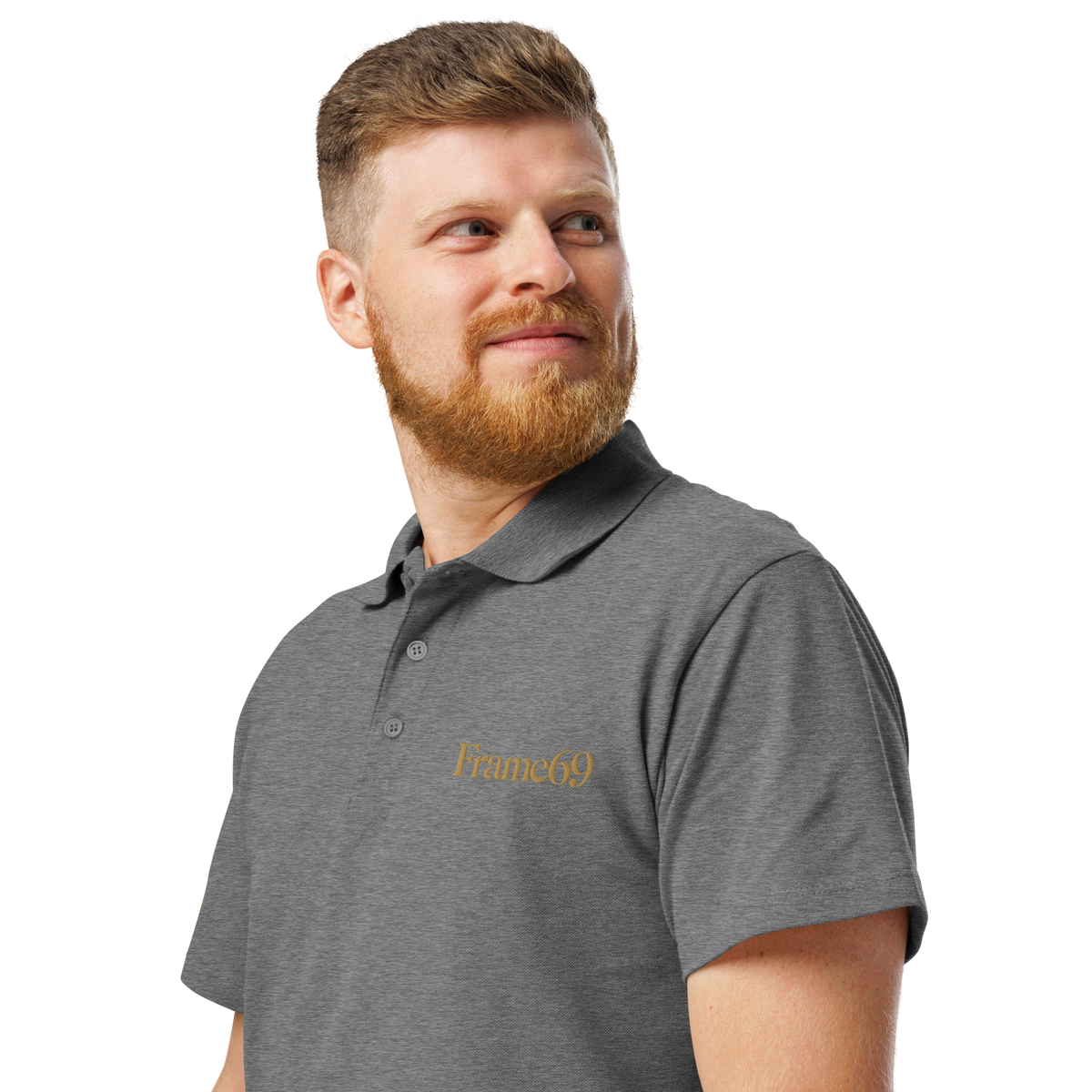Dark gray pique polo shirt with short sleeves, button placket, and collar