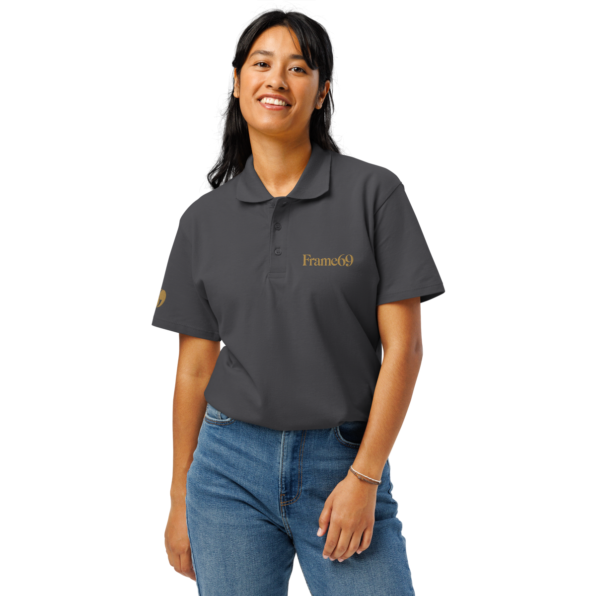 Dark gray pique polo shirt with short sleeves and buttoned collar