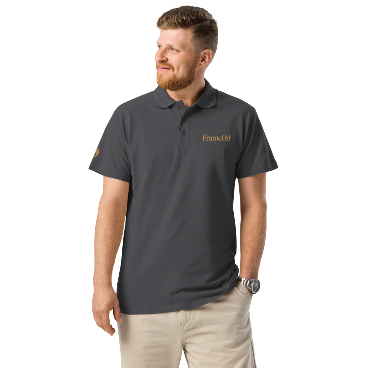 Grey refined pique polo shirt with collar, short sleeves, button placket, Frame69 logo