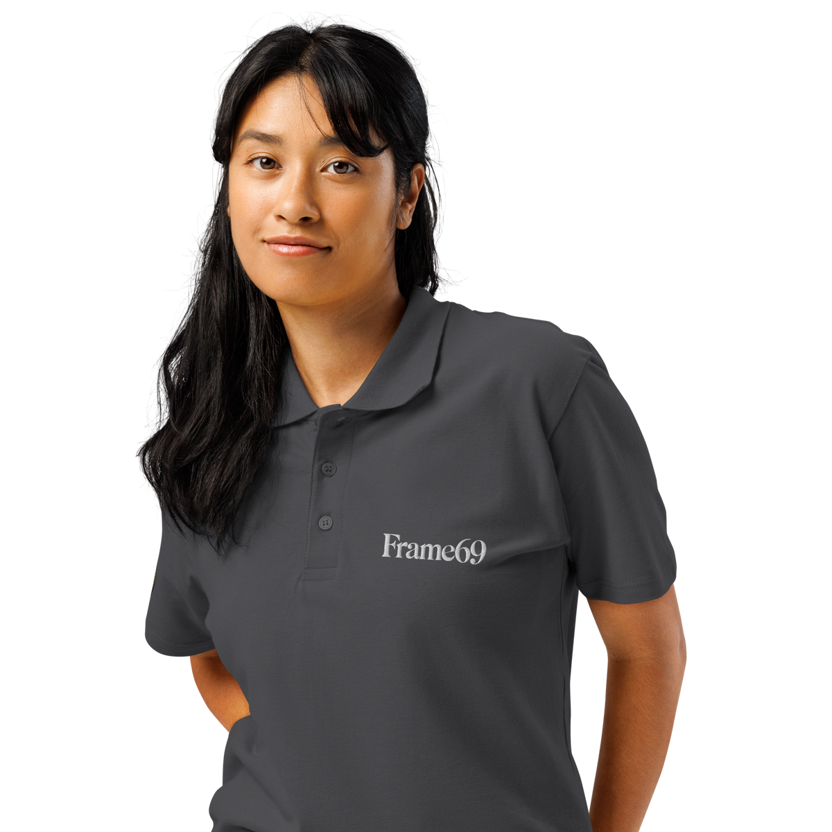 Dark grey pique polo shirt with buttoned collar and short sleeves, Frame69 chest logo.