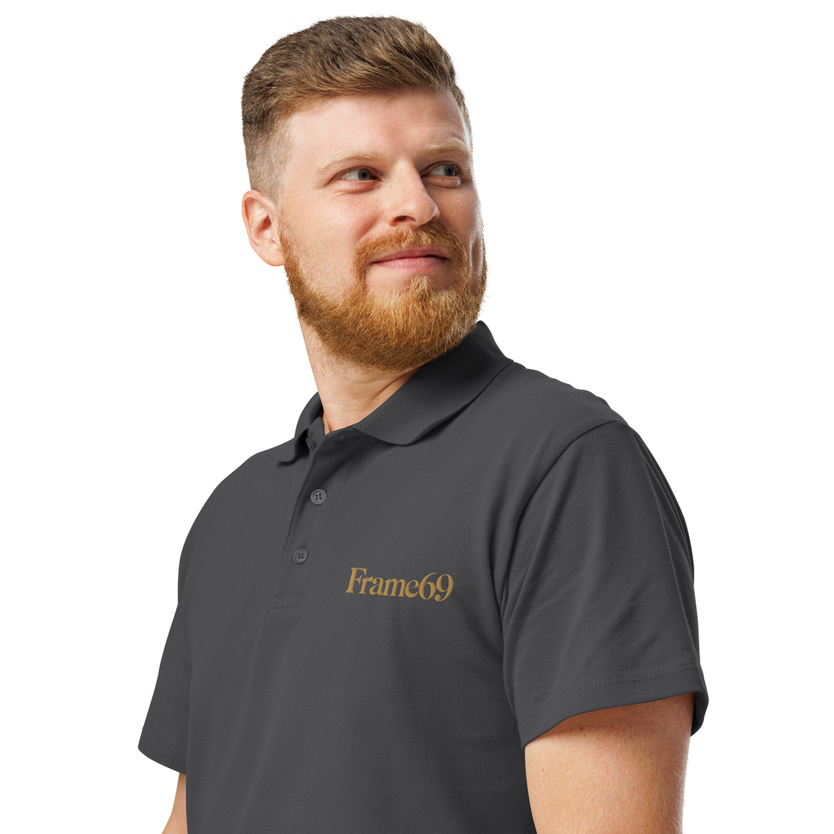 Black pique polo shirt with short sleeves, button placket, and collar